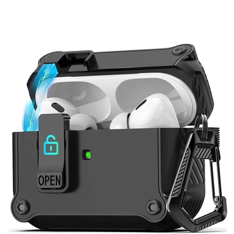 耐衝撃 Airpods 4ケース ロッククリップ付 AirpodsPro2/第3世代ケース カッコイイ カラビナ付 ワイヤレス充電 丈夫 耐久性 [M4792]