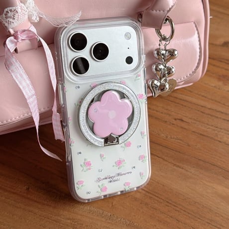 花リングスタンド iPhone17/17Proケース MagSafe対応 iPhone16Pro/15/14ケース 可愛い便利 甘めコーデ [M6423]