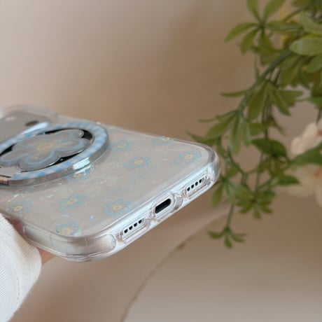 ブルー花リングスタンド iPhone17/17Proケース MagSafe対応 iPhone16Pro/15/14ケース 可愛い便利 甘めコーデ [M6434]