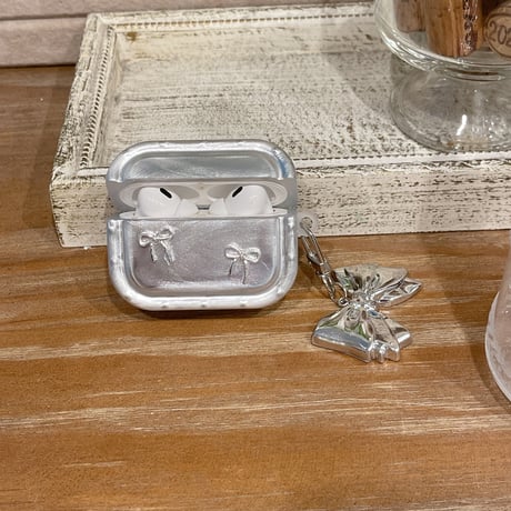 リボン Airpods 4ケース キーチェーン付 AirpodsPro2/Pro1 Airpods3/2カバー シルバー高級感 耐久性ある[M4797]