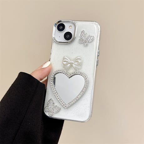 ジュエリーハート鏡 iPhone15/15pro/15plusケース リボン/蝶 iPhone14/13pro/12ケース 女子力アップ 黄ばまない[M4507]