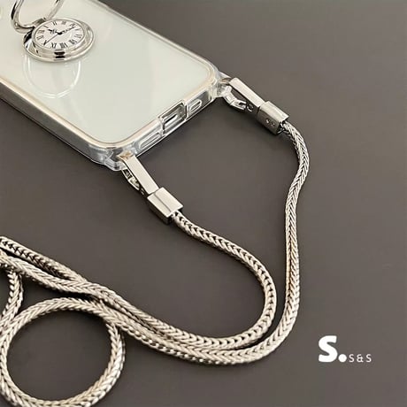 時計リング iPhone16/16proケース 高級感ショルダーチェーン付 iPhone15promax/14/13proカバー 透明 便利 丈夫[M5339]
