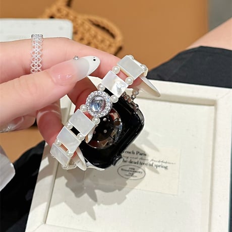 淡水真珠貝 アップルウォッチS11/10 バンド ホワイト Apple Watch Ultra Series 8 7 6 5 4 シリーズ 3 2 SE SE2 エレガント 高級感[M6343]