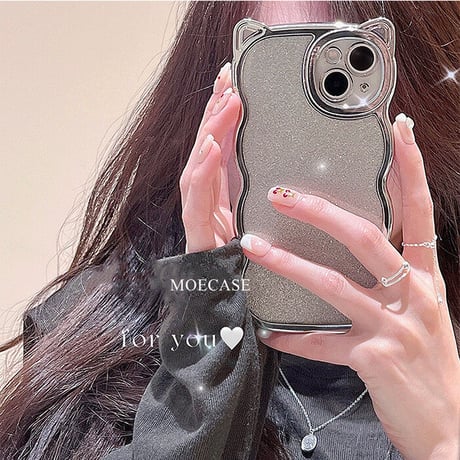猫の耳 iPhone17pro/17ケース ラメ入りシール付き アイフォン16/15pro/14/13カバー オシャレ 可愛いうねうね メッキ [M2403]