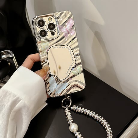ジュエリーストラップ iPhone15pro/15ケース 鏡付き蝶柄 アイフォン14pro/13promax/12カバー 可愛い 女子力アップ[M4316]
