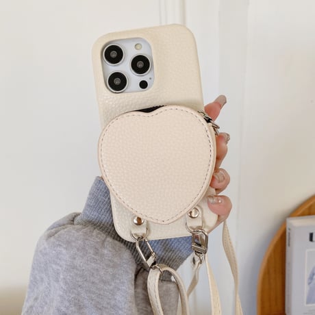 ハート小銭入れ iPhone15/15proケース ショルダーストラップ付 アイフォン14pro/13mini/12/11カバー レザー 高品質 超便利[M3709]