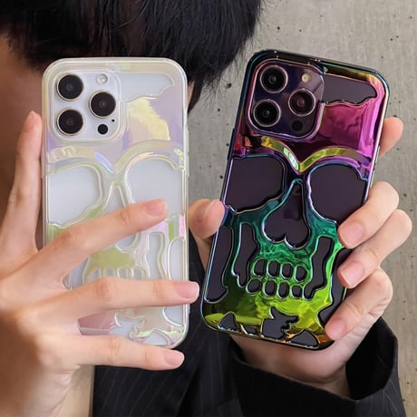 ドクロ iphone16/15/14/13proケース 放熱しやすい アイフォン12/11カバー レーザー光る グラデーション カッコイイ スカル [M3212]