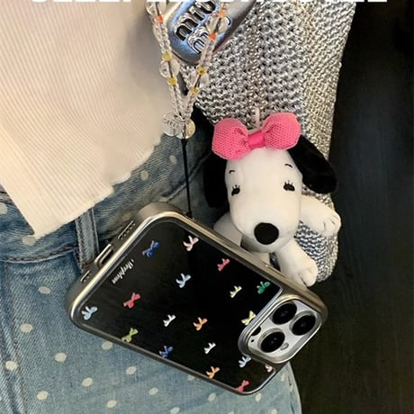 リボン ミラー iPhone16/16Proケース ストラップ付 iPhone15Pro/14/13 大人可愛い 丈夫[M4730]