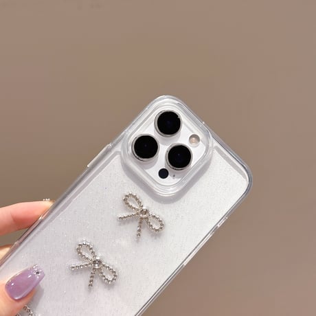ジュエリーリボン iPhone16/16Proケース 透明 ラメ入り iPhone15plus/14pro/13カバー おしゃれ クリア 可愛い[M5438]