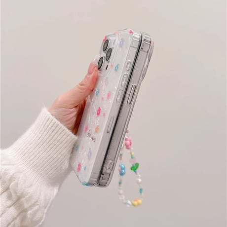 春におすすめ iPhone16pro/16ケース 花柄 シェル風 iphone15pro/14/13proカバー  花ストラップ 可愛い 淡色系[M5130]