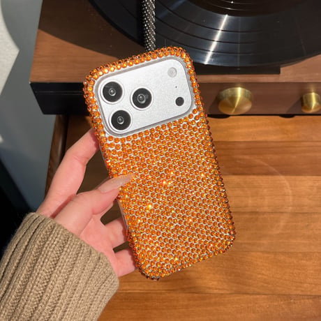 オレンジダイヤデコ iPhone17pro/17ケース 高級感たっぷり iPhone16/15proケース 綺麗ストラップ キラキラ[M5977]