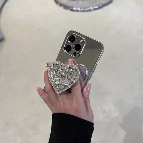 ハートダイヤグリップ iPhone15/15proケース  ミラー iPhone14/13pro/12ケース 女子力アップ オシャレ 便利[M3906]