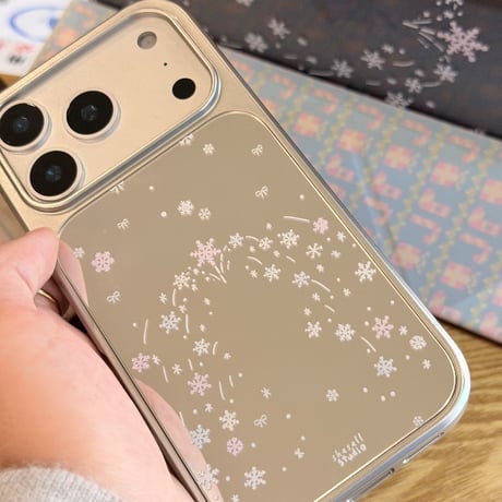 雪花 ミラー iPhone17Pro/17ケース メイク直し鏡 iPhone17ProMax/16Pro/15カバー オシャレ 丈夫 メッキ　艶感  [M5879]