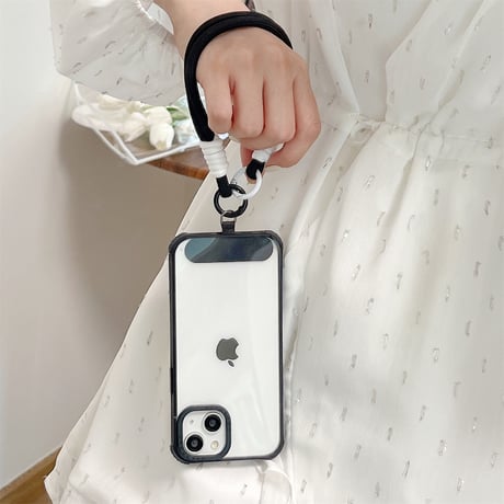 ストラップ付 クリアiPhone15Pro/15ケース 黄ばまない アイフォン14プロ/13/12カバー 耐衝撃加工 [M4427]