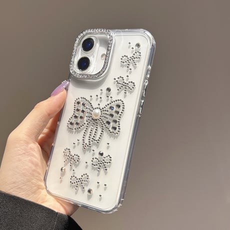 ハンドメイド iPhone16pro/16plusケース ダイヤリボンデコ iPhone15promax/14/13カバー オシャレ キラキラ[M5456]