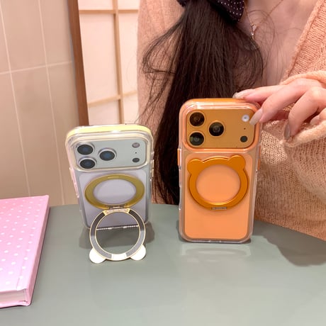 熊耳付リングスタンド iPhone17/17Proケース MagSafe対応 透明 iPhone16Pro/15/14ProMaxケース シンプル風 高品質[M6248]