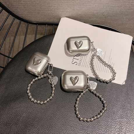 シルバーハート airpods4/3ケース ストラップ付 エアーポッズproカバー クール 可愛い 艶あり[M2049]