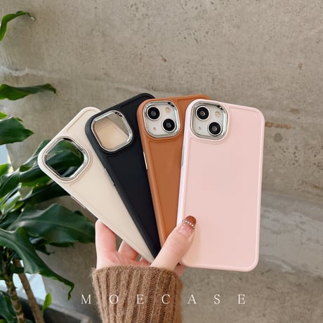 韓国風シンプル iPhone14/15ケース 銀色レンズ枠アイフォン13/12/11カバー 6色お揃い 使いやすい [M2797]
