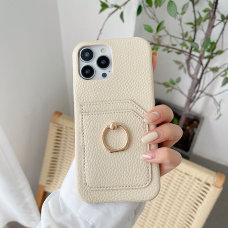 カード入れ2個 アイフォン14pro/14plusカバー リング付き iPhone13mini/12/11proケース レザー製 ハードケース  シンプル 実用 [M2545]