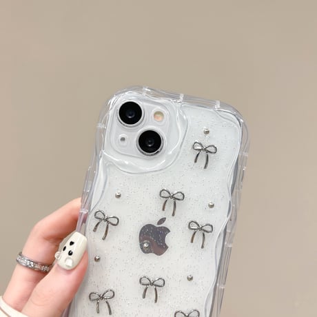 立体リボン iPhone15/16proケース うねうね ラメ入り iPhone14/13pro/12proケース キラキラクリアケース[M4436]