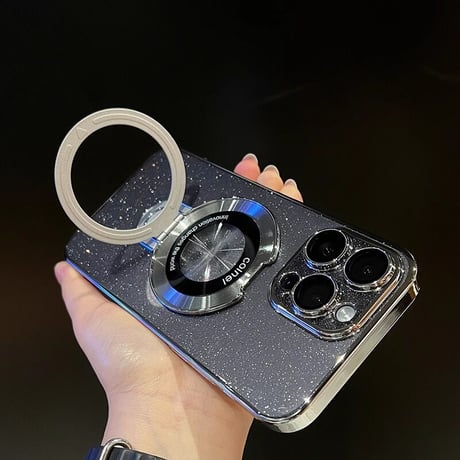 Magsafe対応 iPhone15/15proケース スタンド オシャレ アイフォン14/13proカバー レンズフイルム付 キラキララメ入り [M3620]