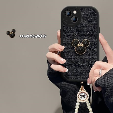 オシャレ iPhone14/14proケース  リボン 真珠ストラップ付アイフォン13/12/11proケース セレブ愛用 ツイード生地 実用 可愛い [M2408]