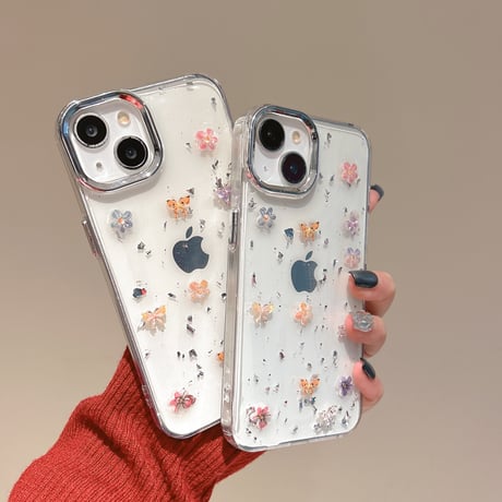 春夏向け アイフォン16pro/15ケース 花/蝶デコ iPhone14/13pro/12カバー 透明 大人可愛い 丈夫[M5154]