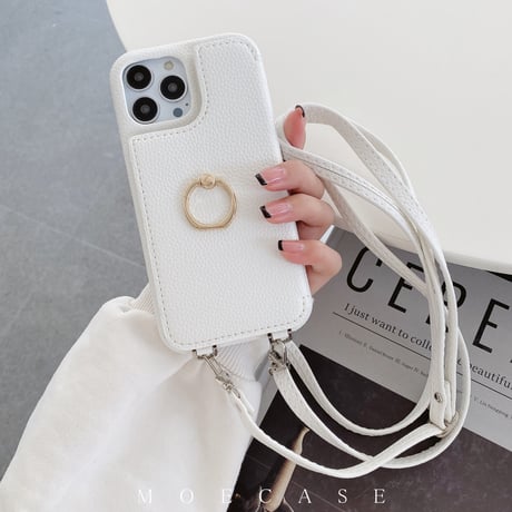 ミラーカード入れ付き iPhone14/15proケース リング ストラップ付 アイフォン13ミニ/12プロカバー レザー 多機能便利[M2830]