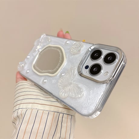 鏡付 アイフォン15/15プロ/15プラスケース 蝶/パール iPhone14/13pro/12ケース 可愛い 女子力アップ[M4496]