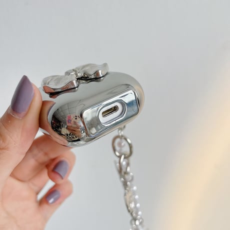 銀色リボン airpodsproケース ショルダー付き  airpodsカバー   艶あり  高品質鏡面ソフトケース  M811
