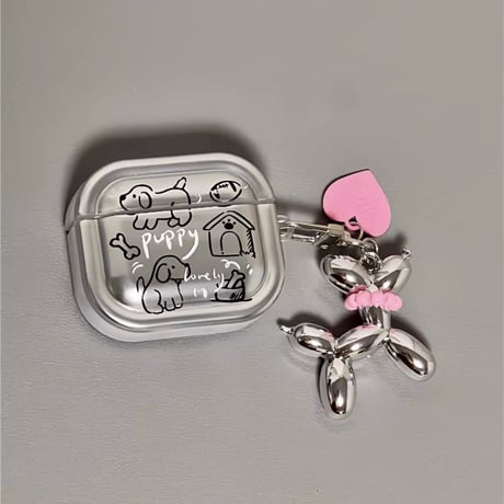 犬ちゃん Airpods 4 ケース  チャーム付  メッキシルバー AirpodsPro2/Pro1カバー  Airpods3/2  プレゼントにおすすめ[M4701]
