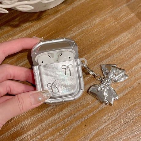 リボン Airpods 4ケース キーチェーン付 AirpodsPro2/Pro1 Airpods3/2カバー シルバー高級感 耐久性ある[M4797]