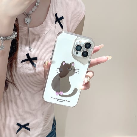 可愛い鏡付 iPhone15pro/15promaxケース 猫/犬 iphone14/13/12proカバー  可愛い ギフトに最適[M4332]