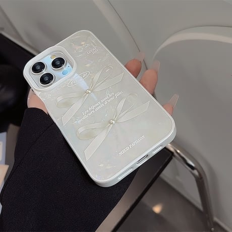 シェル風 iPhone15/15proケース リボン柄 立体パール iPhone14/13pro/12ケース かわいい きれい 女子力UP[M4003]
