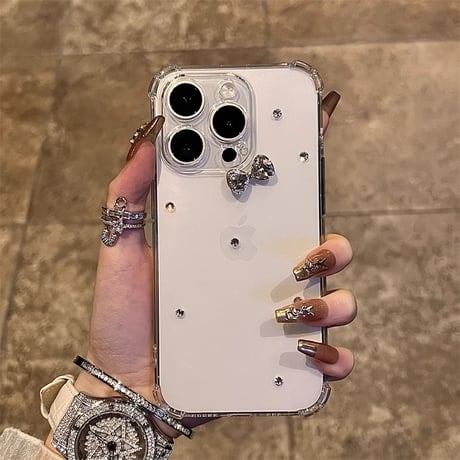 ダイヤリボン iPhone16/16Proケース 四角耐衝撃 iPhone15/14/13/12Proクリアカバー シンプル ハンドメイド ガーリーファッション [M5045]