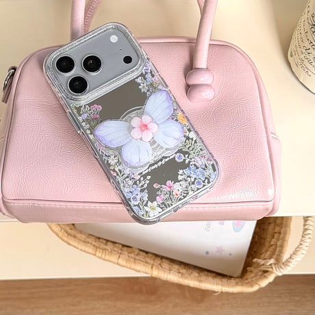 草花柄ミラー iPhone17pro/17ケース 蝶グリップ iPhone16promax/15proケース かわいい 便利 女子力高い[M6164]