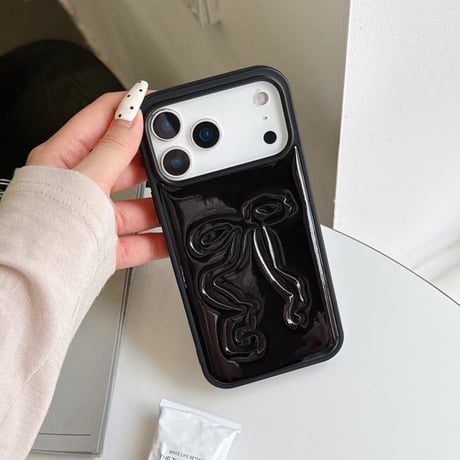 リボン iPhone18Pro/17Proケース レザー レッド/ブラック iPhone17/16Pro/15/14ケース 光沢感 可愛い エレガント[M6650]
