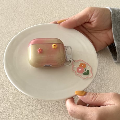 韓国風花 Airpods4ケース グラデーションカラー AirpodsPro2ケース airpods3/2カバー  かわいい キーチェーン付 淡色系 [M5335]