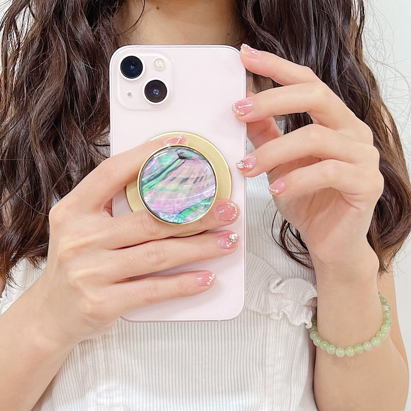 マグネット式スマホグリップスタンド 本物の貝殻 キラキラおしゃれ 艶