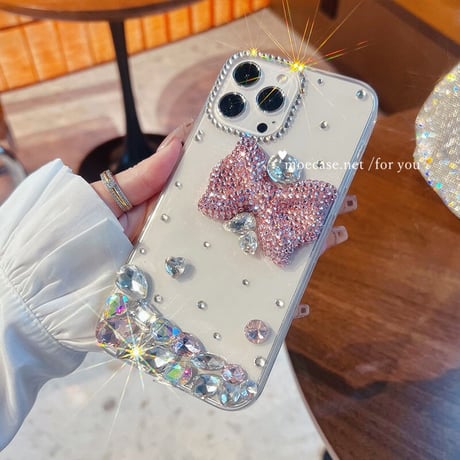 ジュエリーリボン iPhone14/15Proケース キラキラ オシャレデコiPhone13/12/11カバー 綺麗 豪華 女子力アップ ギフトにおすすめ[M2669]