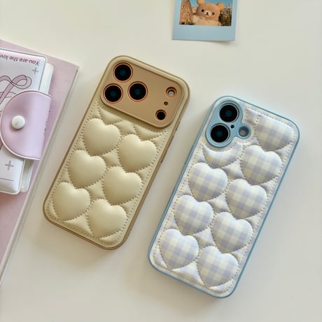 ダウンジャケット風 iPhone17Pro/17ケース キルティングハート iPhone17ProMax/16Pro/15ケース 耐衝撃 お洒落 [M5767]