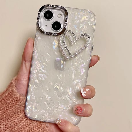 パールハート iPhone15/15proケース シェル風 iPhone14pro/13/12pro/11カバー 真珠ストラップ付 女子力UP トレンド[M4040]