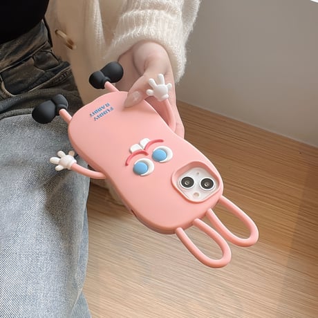 ウサギ iPhone14/13ケース ピンク シリコンアイフォン12/11カバー かわいい 耳持ち手 頑丈 プレゼントにおすすめ  [M3117]