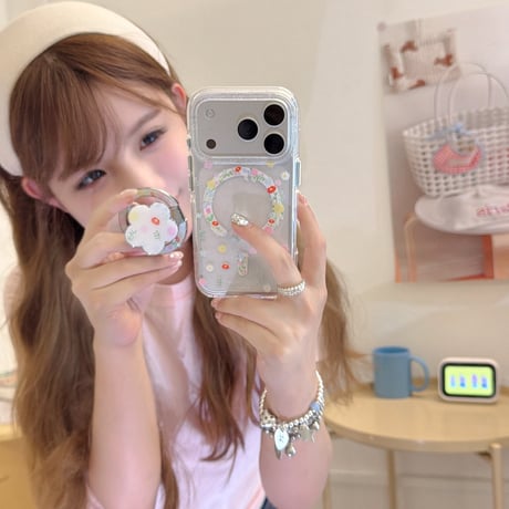 花リングスタンド iPhone17Pro/17ケース MagSafe対応 iPhone16Pro/15/14ケース かわいい キラキラ感 春夏コーデ[M6259]