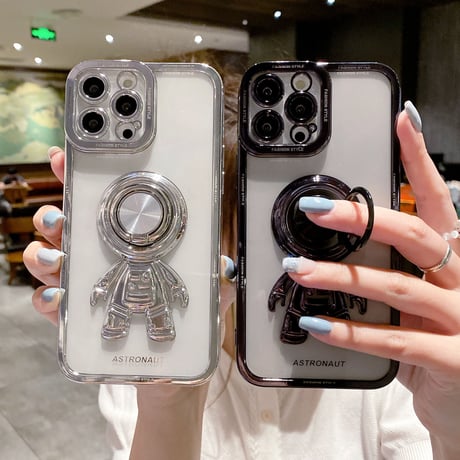 宇宙飛行士リング付 iPhone15/14proケース メッキクリアアイフォン13/12/11proカバー スタンド 便利 艶あり セレブ愛用 [M2637]