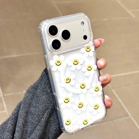 笑顔の花 iPhone17Pro/17ケース MagSafe対応 スタンド機能 iPhoneAir/16ProMax/15/14ケース グリップ/ストラップ3点 ギフトにおすすめ[M6091]