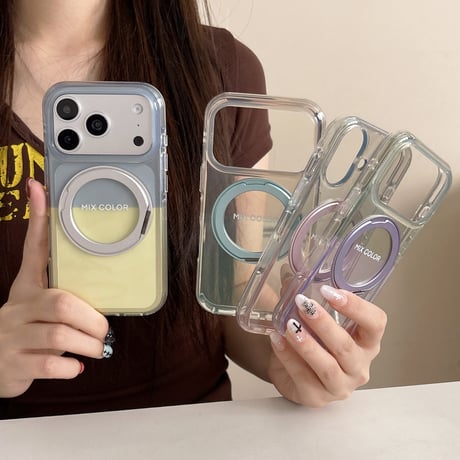 MagSafeリングスタンド iPhone17/17Proケース カラーブロッキング iPhone16Pro/15proProMaxケース 光沢感 多機能便利[M6527]