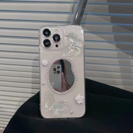 パール鏡付 iPhone15/15proケース  蝶/花 iPhone14pro/13mini/12proカバー 透明 綺麗 女子力アップ[M3990]