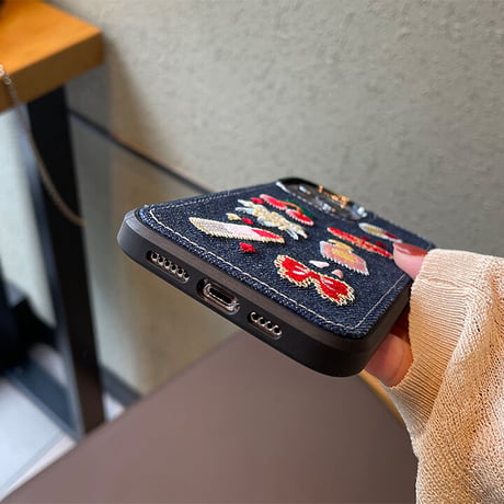 デニム Fashion Lady iPhone14/14proケース  刺繡 秋冬人気  アイフォン13/12/11カバー  高品質  高級感 女子力アップ [M2249]