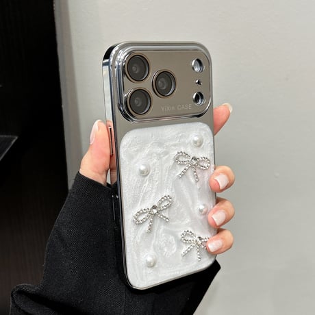 ミラー iPhone17Pro/17ケース ジュエリーリボン 真珠 iPhone15Pro/16/14ケース おしゃれ 丈夫[M6446]